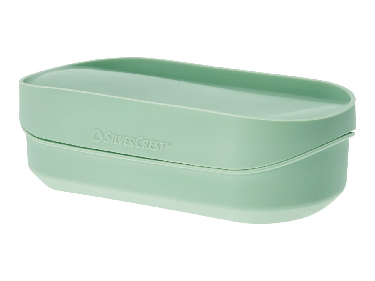 Light green rectangular food container with a lid, featuring a subtle brand logo.