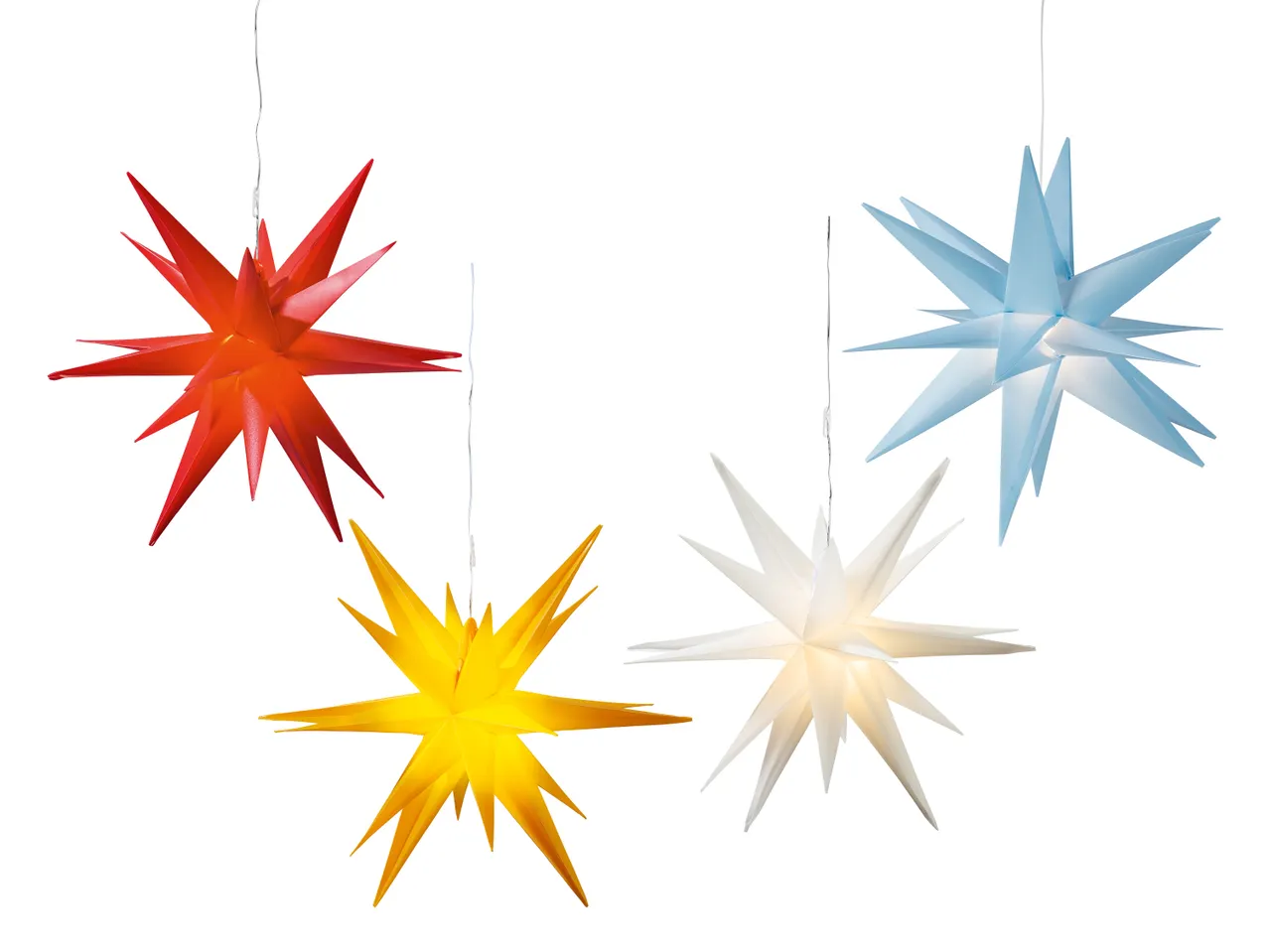 Vier leuchtende Weihnachtsstern-Laternen in Rot, Gelb, Weiß und Hellblau