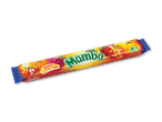 Frugtkarameller med frugtsmag i en pakke med 24 stykker, med teksten 'Smooth Chewy Fun!' og 'No Artificial Colours'.