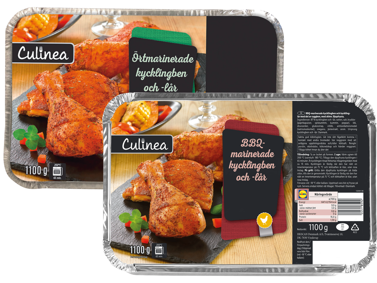 Två förpackningar med ört- och BBQ-marinerade kycklingben och -lår.