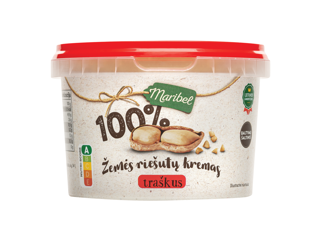 Maribel 100% traškus žemės riešutų kremas skaidriame indelyje su raudonu dangteliu, su riešutais ir maistine informacija.