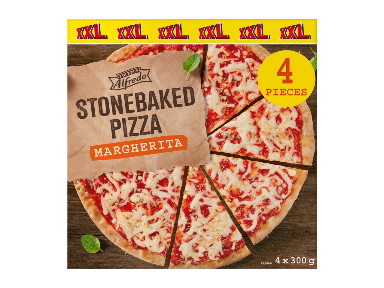 Stonebaked Margherita pizza, cut into 4 pieces, with a yellow XXL banner.