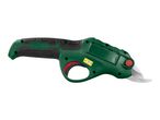 Cordless electric pruning shears in green and black with a red trigger and safety button.