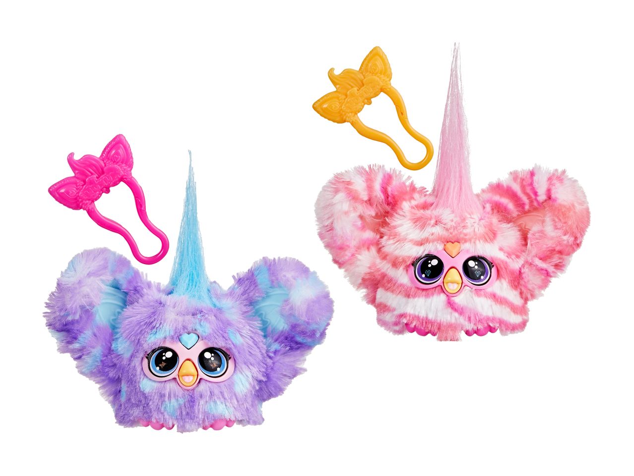 To farverige, plysede Furby-lignende legetøj med enhjørningehorn og store øjne, med matchende hårbøjler.