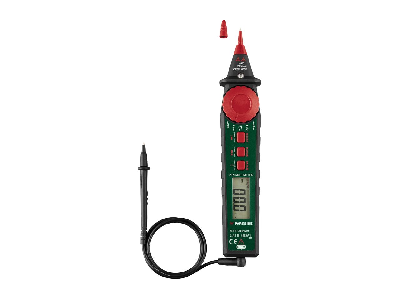 A Parkside pen multimeter with a black and green body, red buttons, and a digital display.