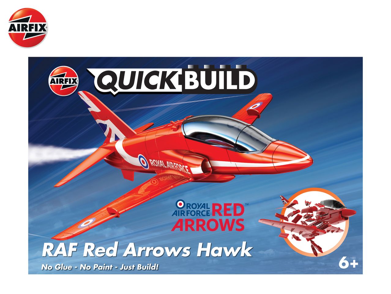 Quick Build model kit of a red RAF Red Arrows Hawk jet, no glue or paint needed.