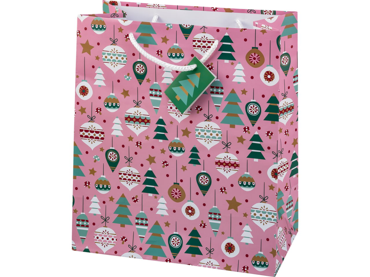 Roosa kinkekott jõulupuu ja kuulimustriga, rohelise sildiga.