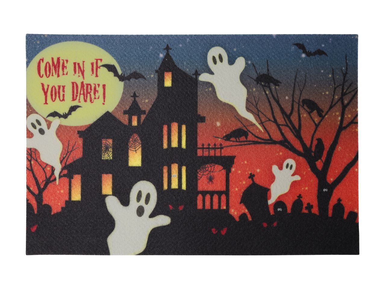 Halloween doormat with a haunted house, ghosts, bats, and the text 'COME IN IF YOU DARE!'