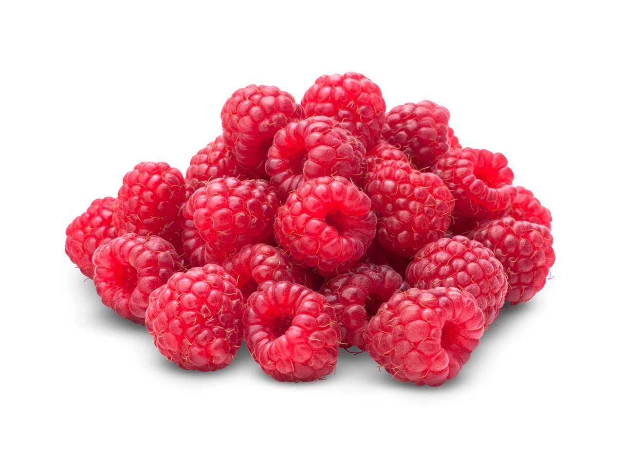 A pile of fresh, vibrant red raspberries on a white background.