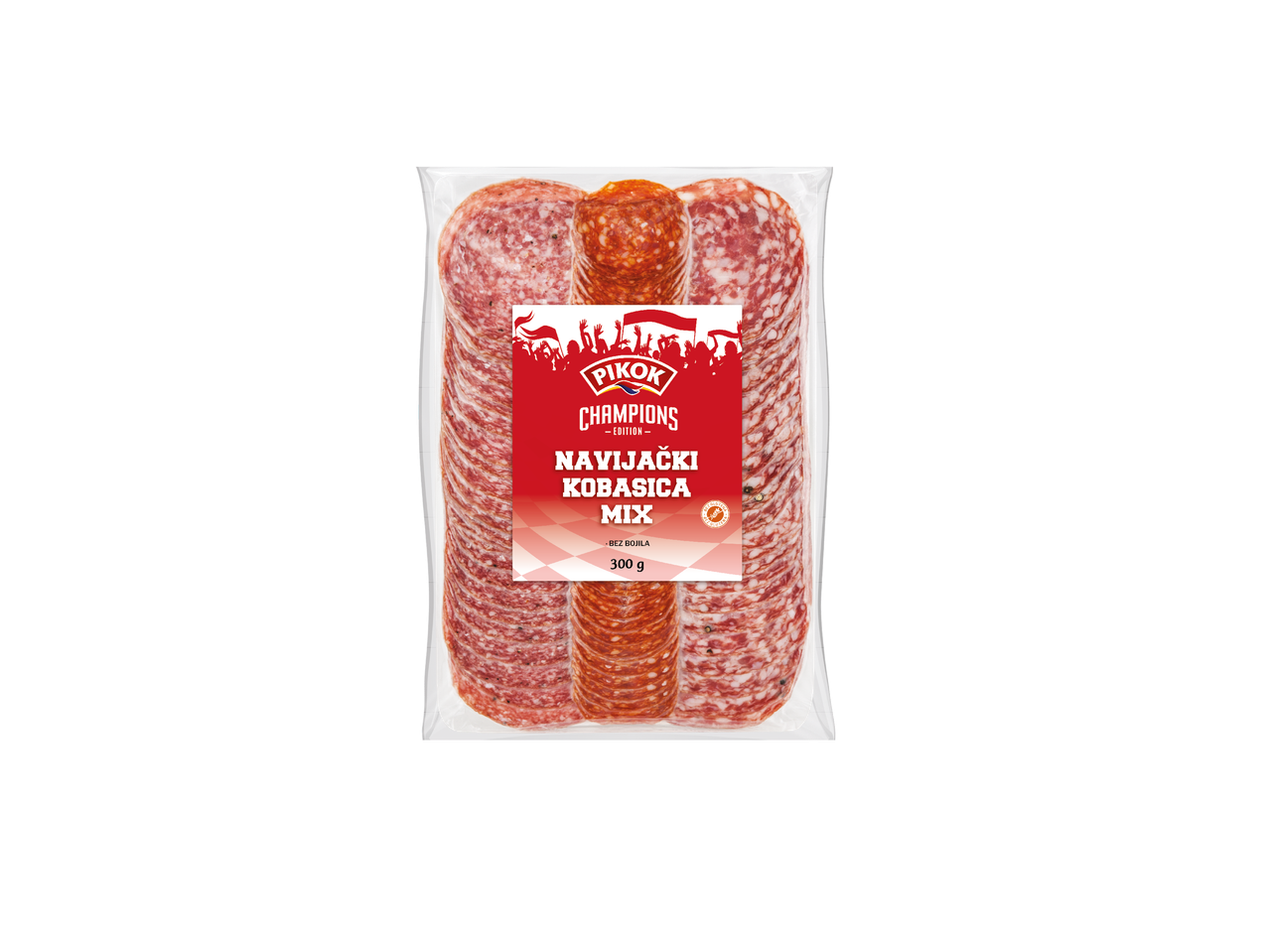 Pakiranje narezanih kobasica, mješavina salame i ljute kobasice, s natpisom 'Navijački kobasica mix'.