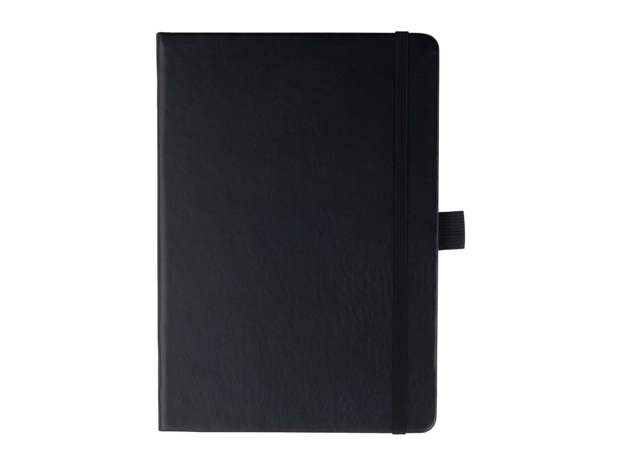 Black notebook with an elastic closure and a pen loop on a white background.