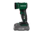 A green and black Parkside X20V Team cordless LED work light with a battery.