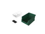 Caixa de arrumação verde com inserto transparente e divisor para peças pequenas.