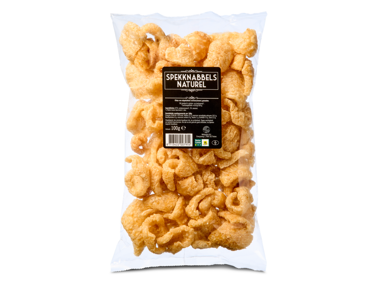 Zak Specknabbels Naturel: knapperige varkenshuidchips.