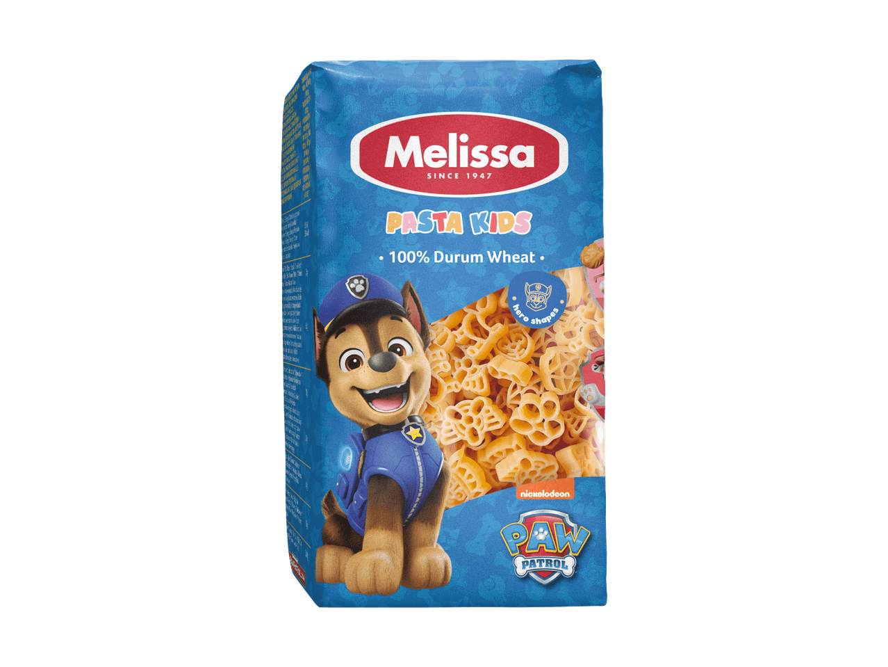 Blå pakke med børnepasta i Paw Patrol-former, lavet af 100% durumhvede.