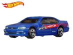 Blue toy car with flame decals and a racing number on a white background.