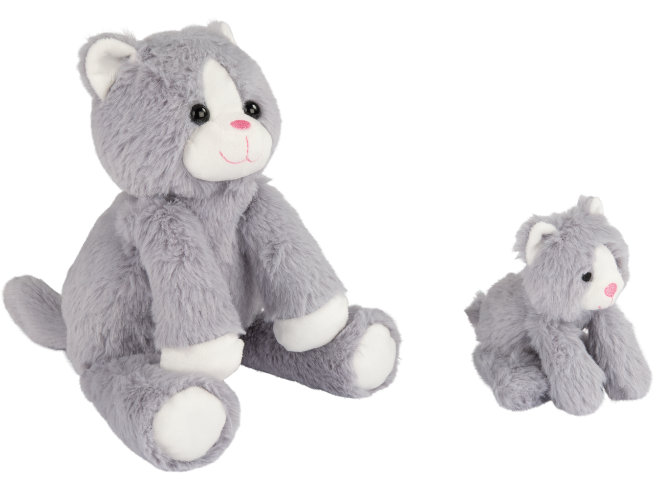 Two grey plush cat toys, one large and one small, with white faces and pink noses.