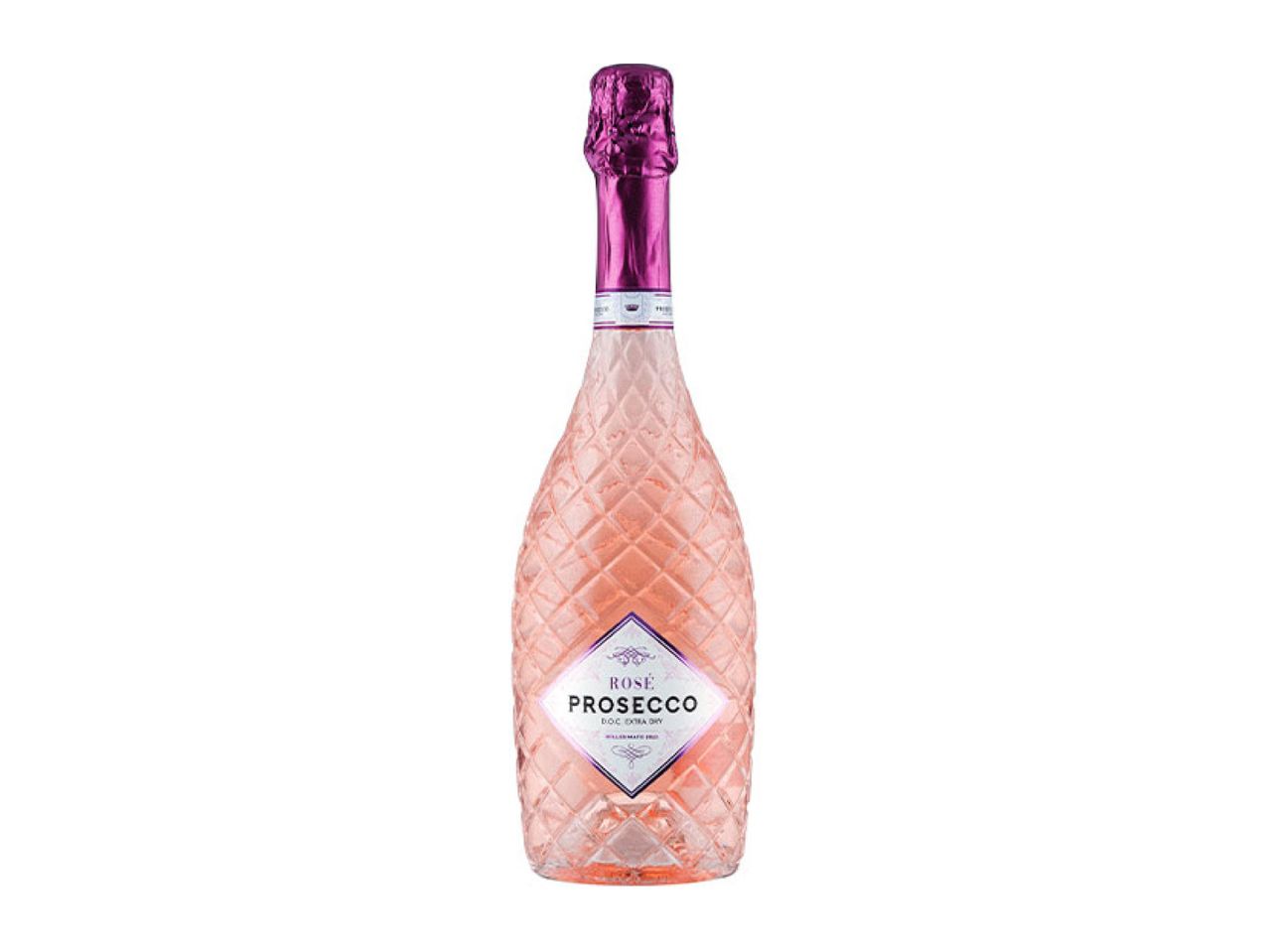 Rosé Prosecco D.O.C. Extra Dry in a textured glass bottle with a pink foil top