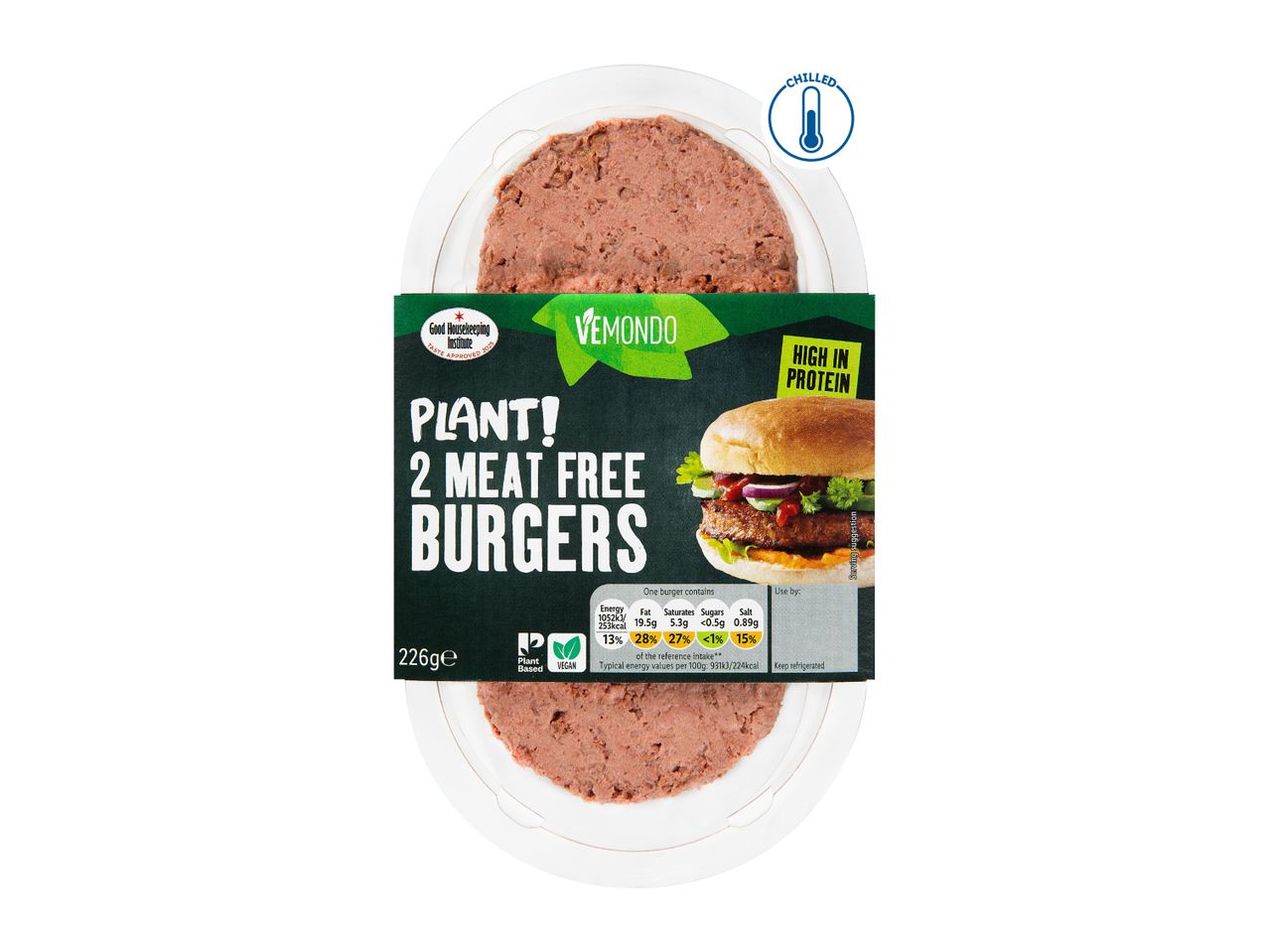 Chilled plant-based meat-free burgers, high in protein, with nutritional information.