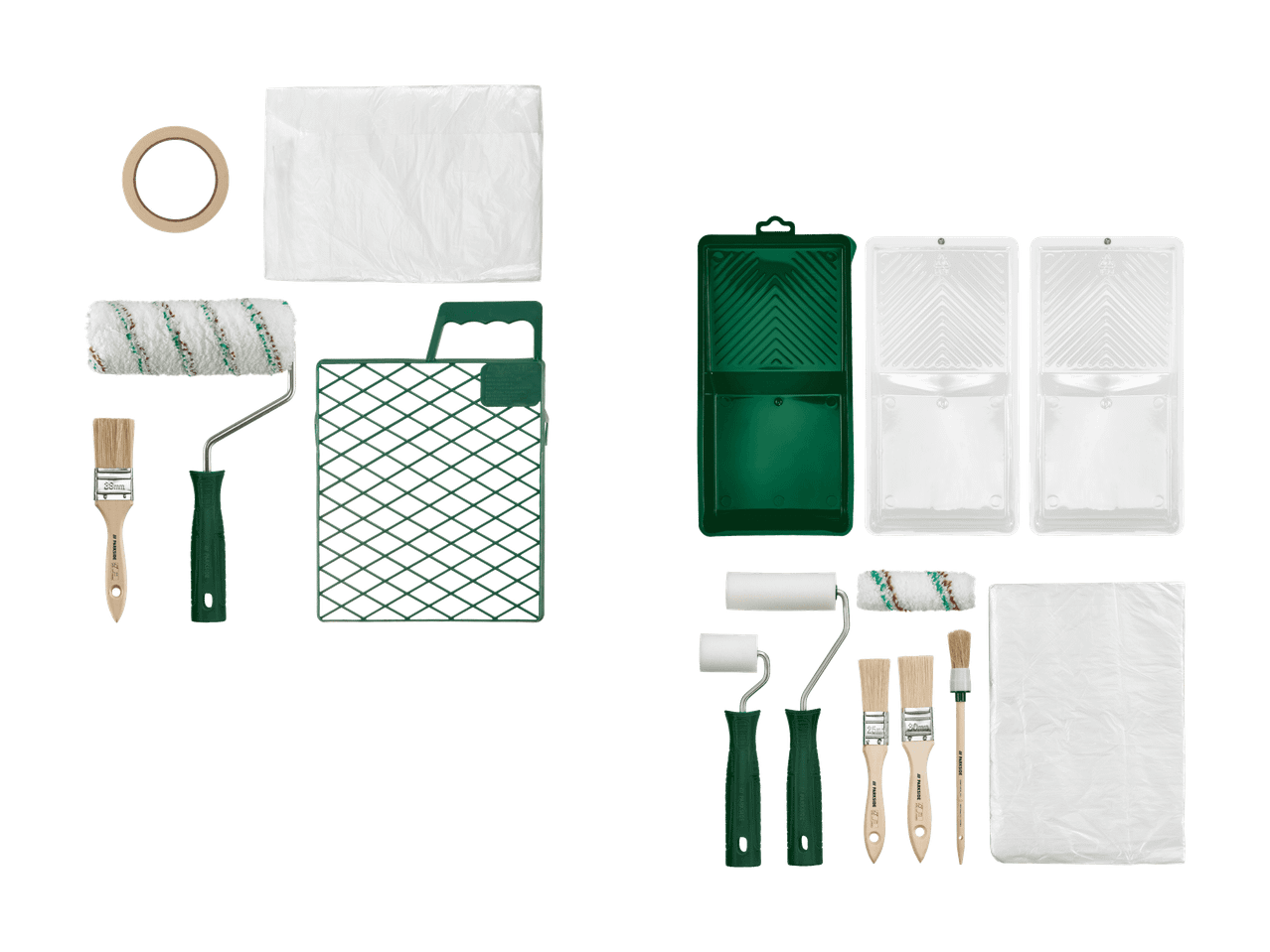 Malerset mit Farbrollern, Pinseln, Klebeband, Abdeckplanen und Farbwanne.