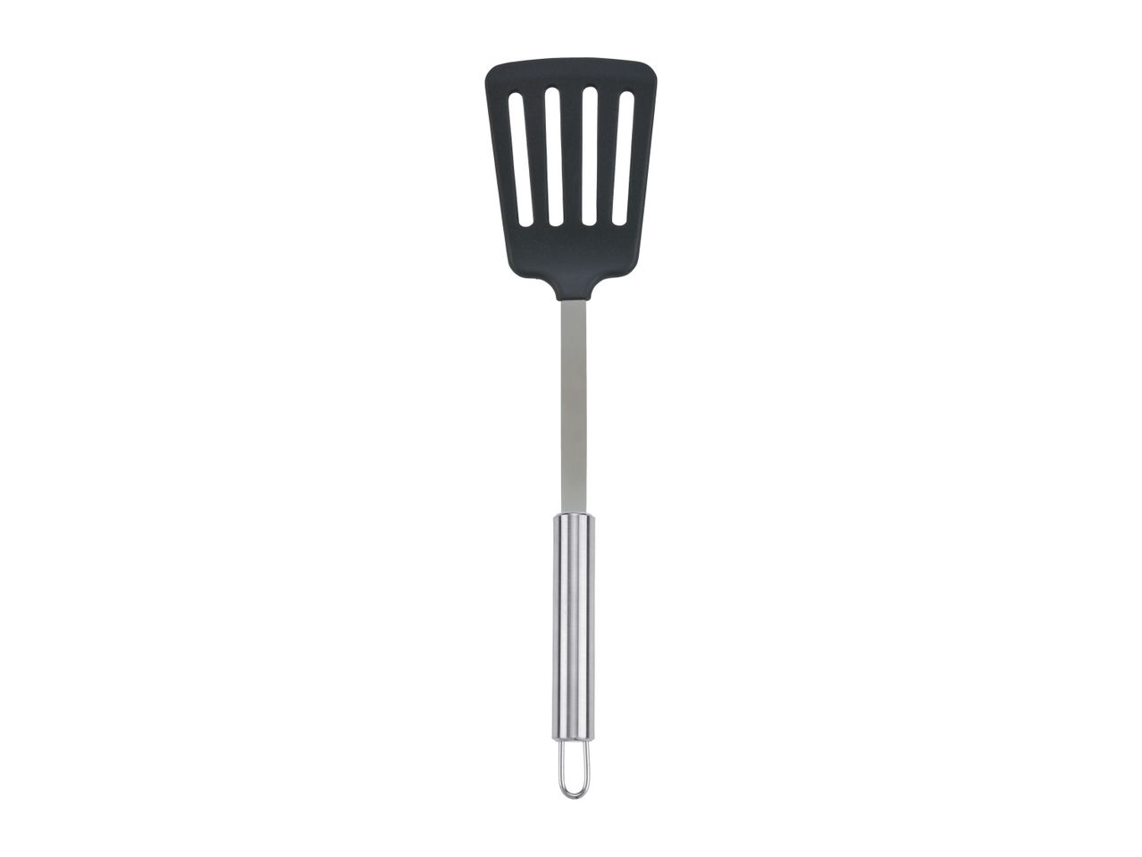 A black nylon spatula with a stainless steel handle.