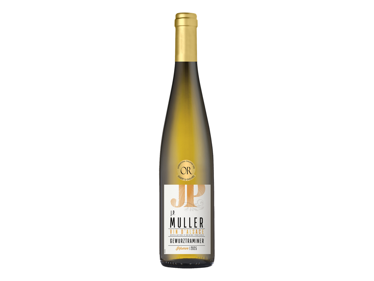 Bouteille de vin blanc d'Alsace Gewurztraminer Réserve 2025 avec une étiquette dorée.