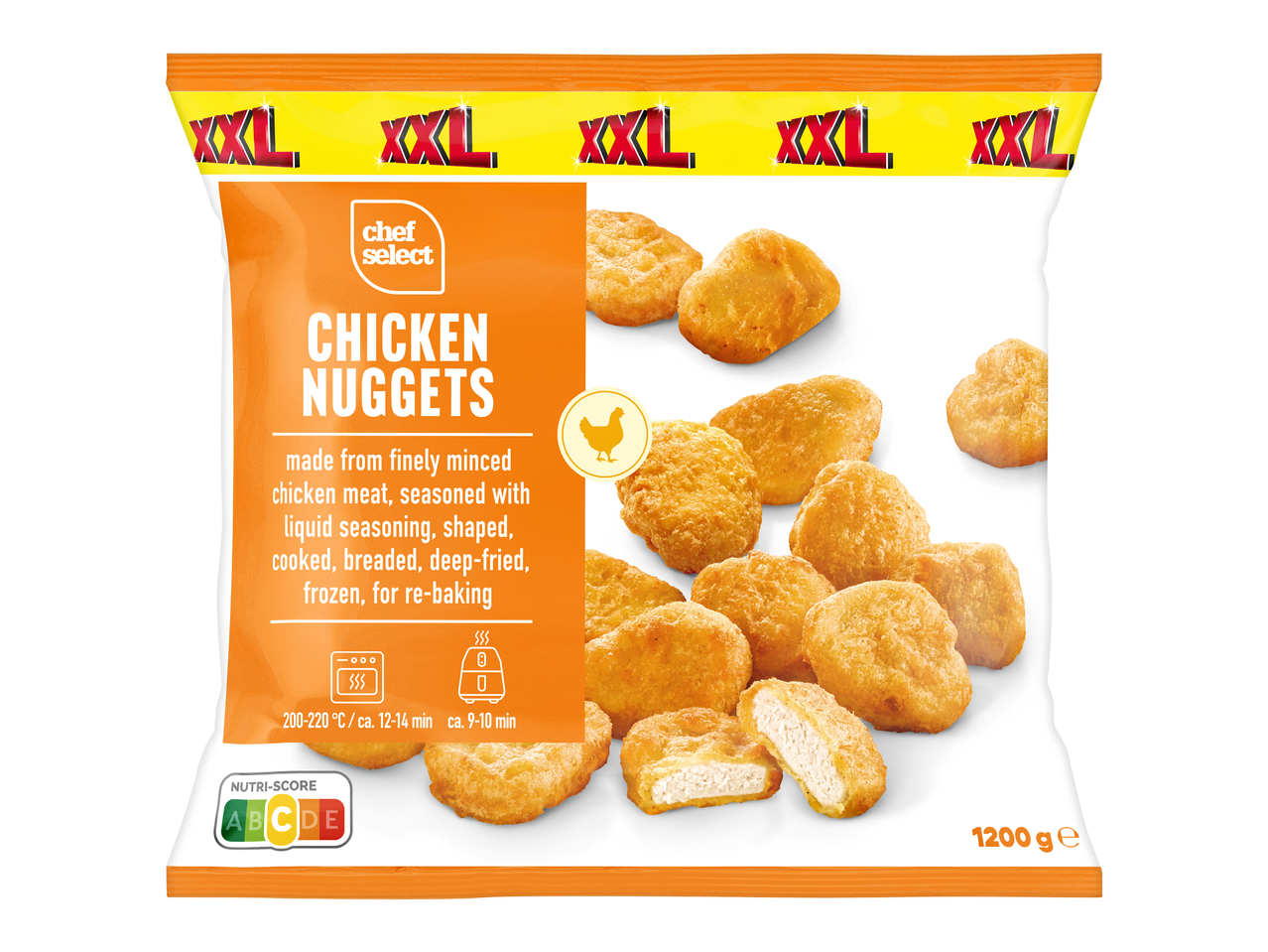 Опаковка пилешки хапки XXL, 1200 г, с инструкции за готвене и Nutri-Score.