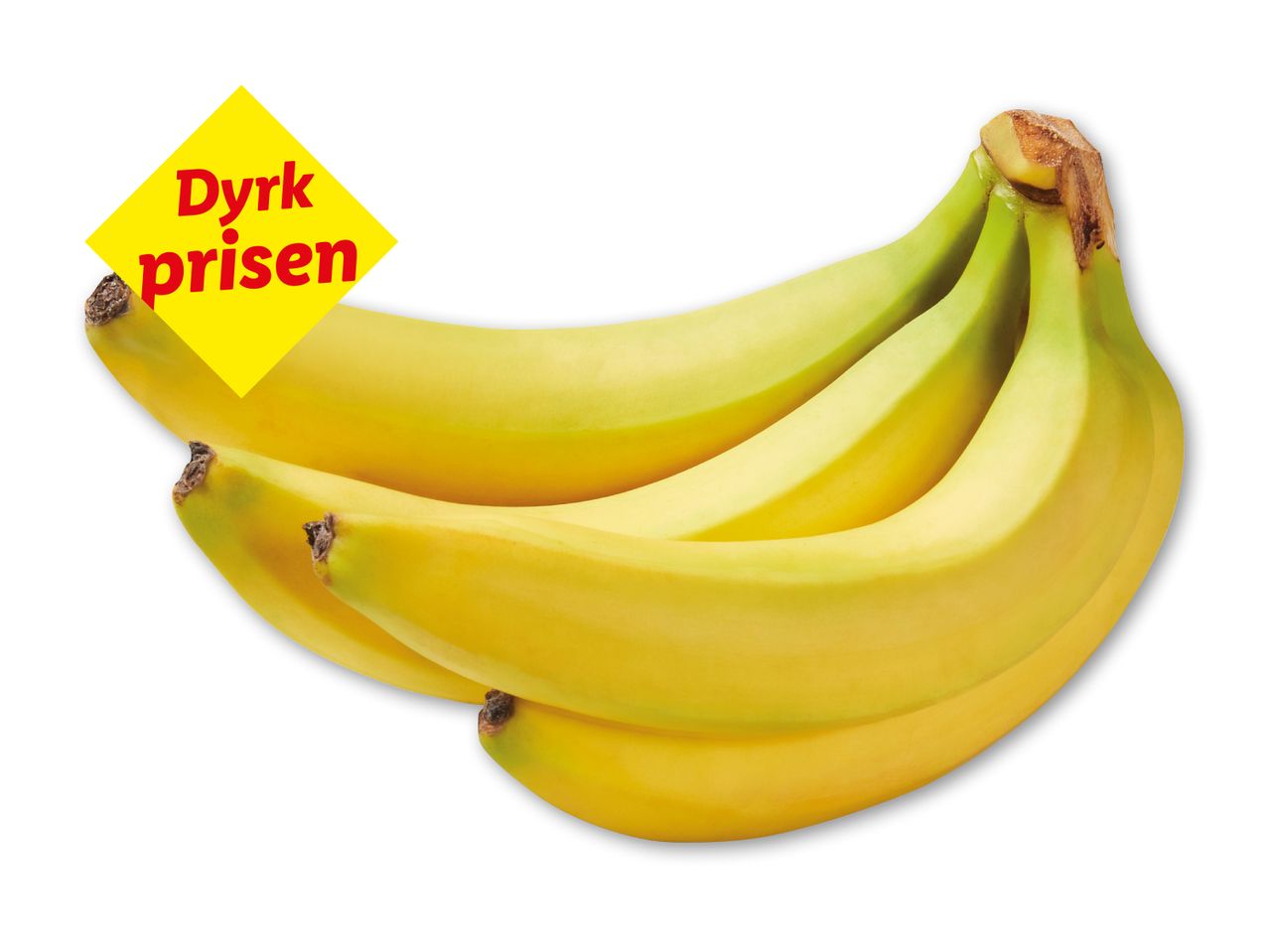 En klase gule bananer med et gult skilt, hvorpå der står 'Dyrk prisen'.