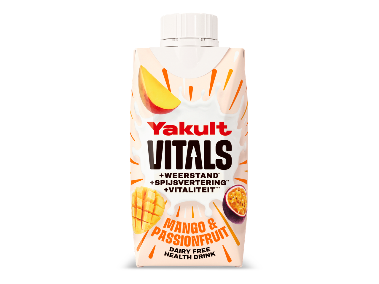 Een pakje zuivelvrije gezondheidsdrank met mango- en passievruchtsmaak.