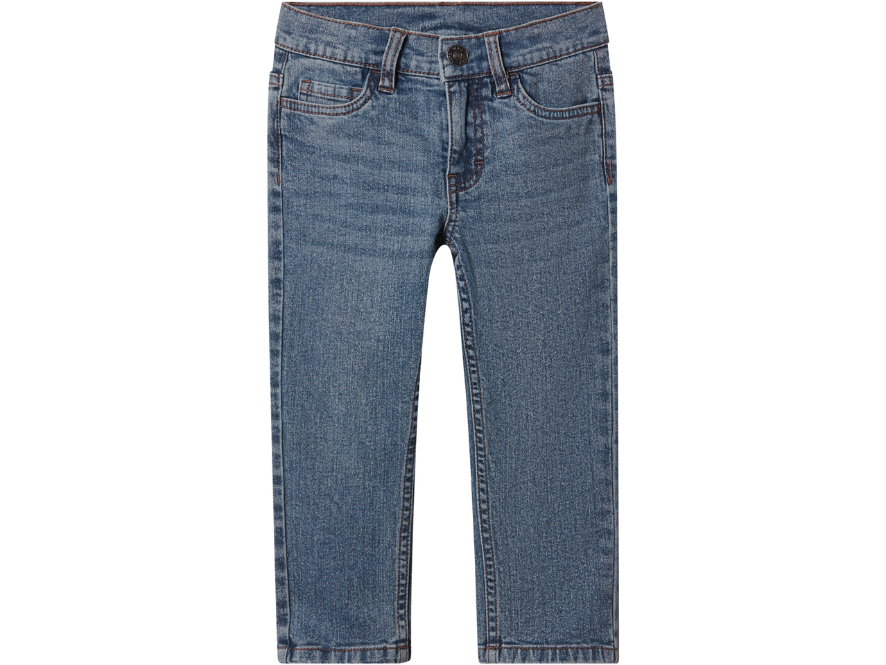 Sinised lupilu® laste teksapüksid pruunide õmblusdetailidega.