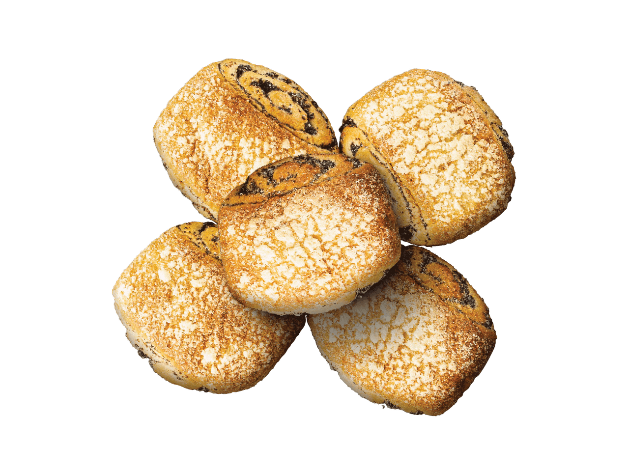 Penki kepiniai su aguonomis ir trupiniais, išdėlioti gėlės forma.