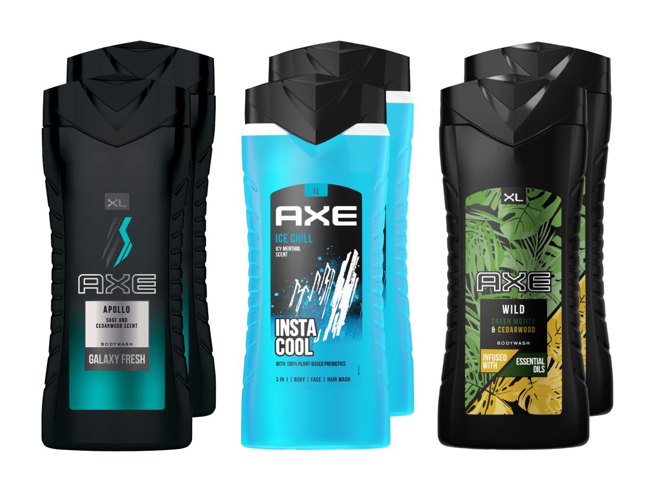 Trois gels douche Axe : Ice Chill, un autre bleu et un troisième vert.