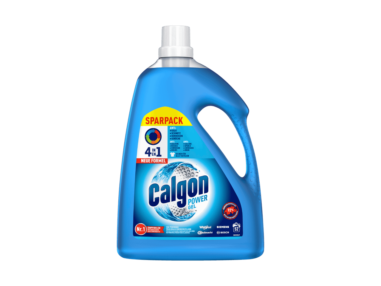 Blaue Flasche Calgon Power Gel 4 in 1, empfohlen von Waschmaschinenherstellern.