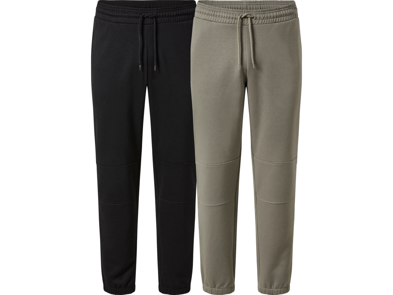 Två par mörka och beige joggingbyxor med dragsko i midjan.