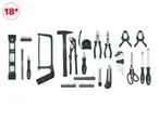 A large set of hand tools including screwdrivers, pliers, a hammer, a saw, and a measuring tape, with an '18+' age restriction.