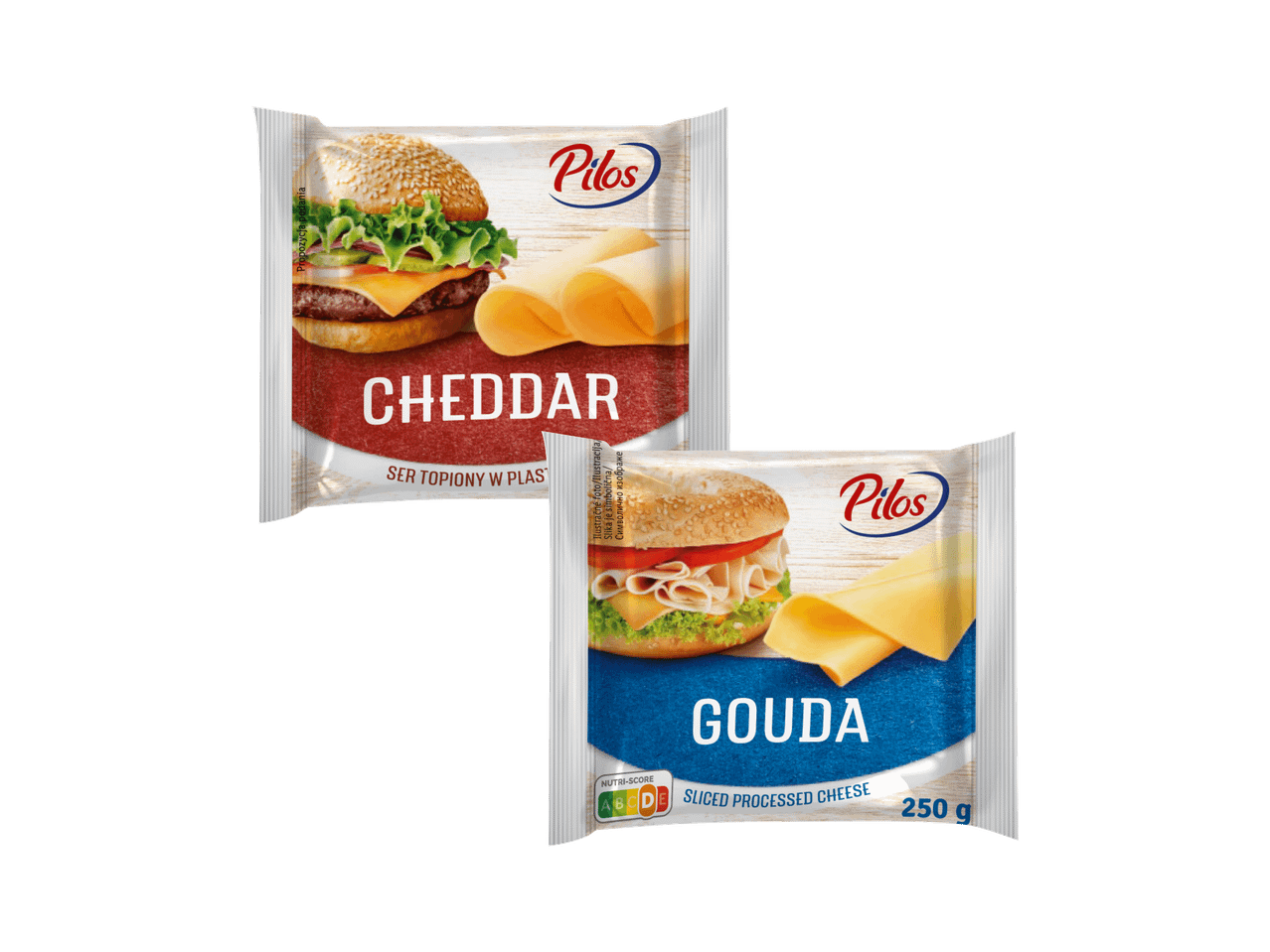 Dva pakovanja topljenog sira, čedar i gauda, sa slikama burgera i sendviča.