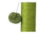 Green cat scratching post with a dangling fluffy ball toy.