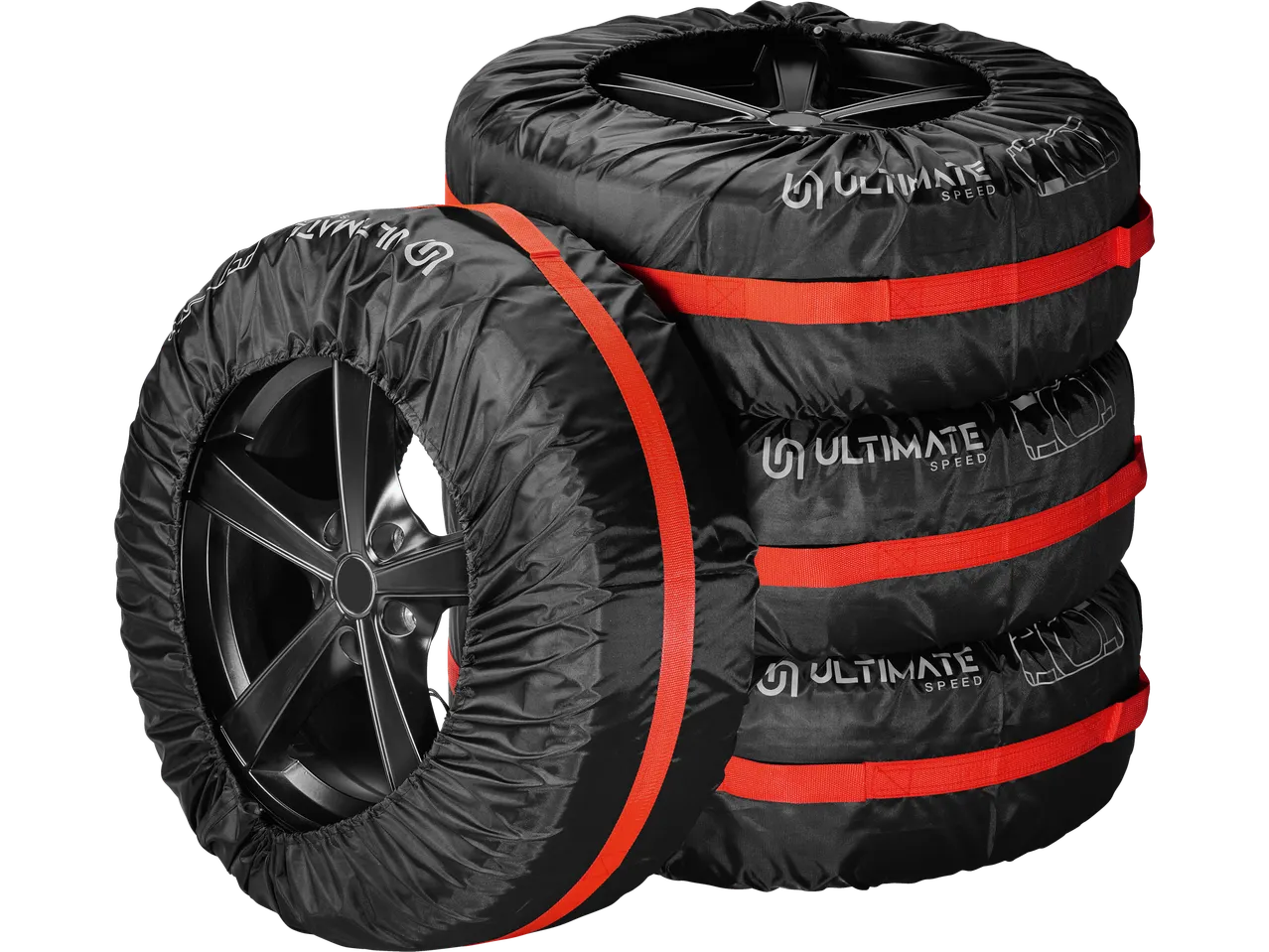 Ensemble de housses de pneus noires ULTIMATE SPEED® avec sangles rouges, empilées