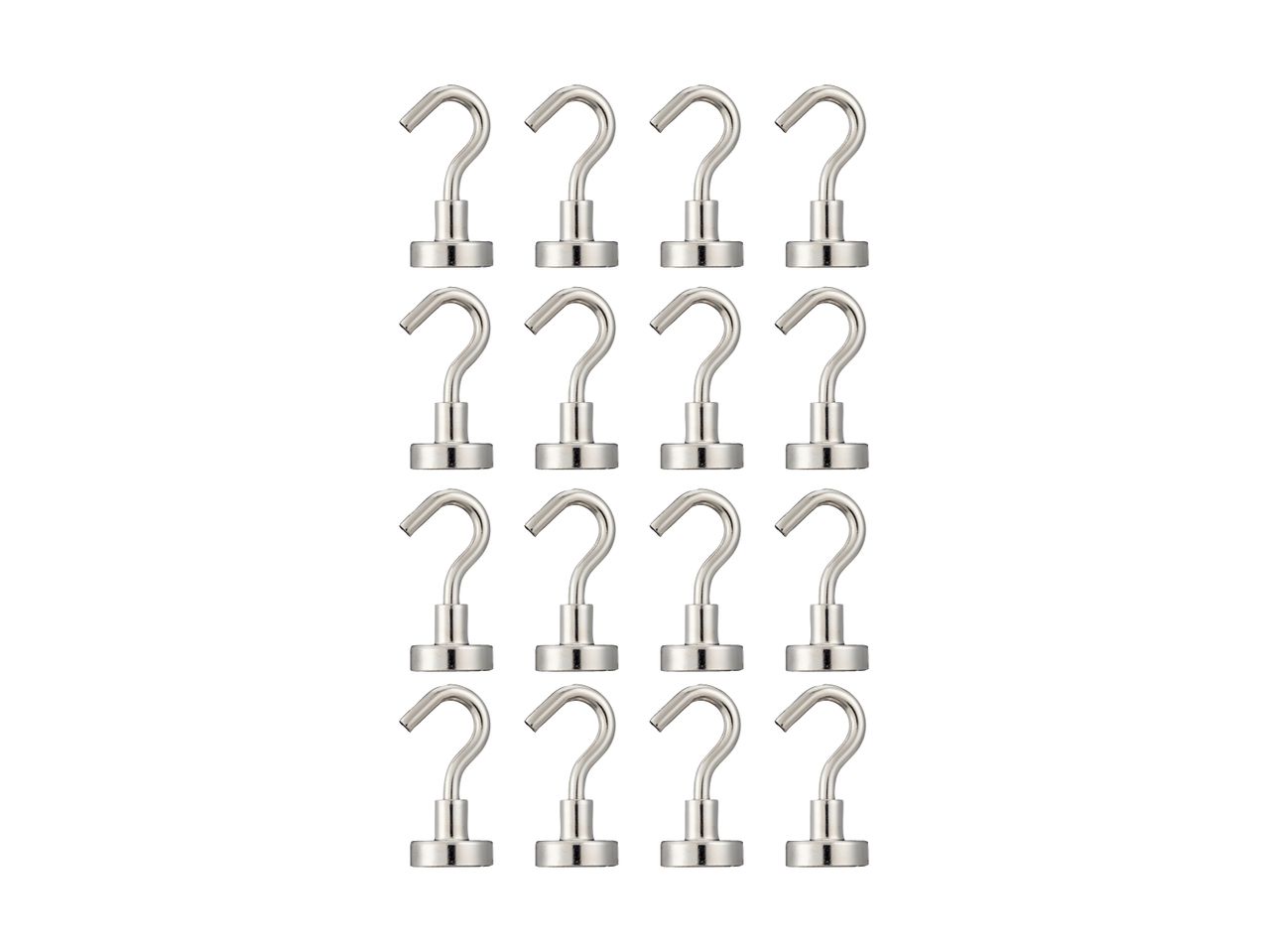 Four rows of four silver magnetic hooks, totaling sixteen hooks, arranged on a white background.