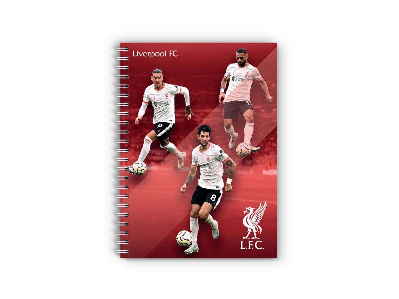 Liverpool FC spirálfüzet, három focistával a borítón.