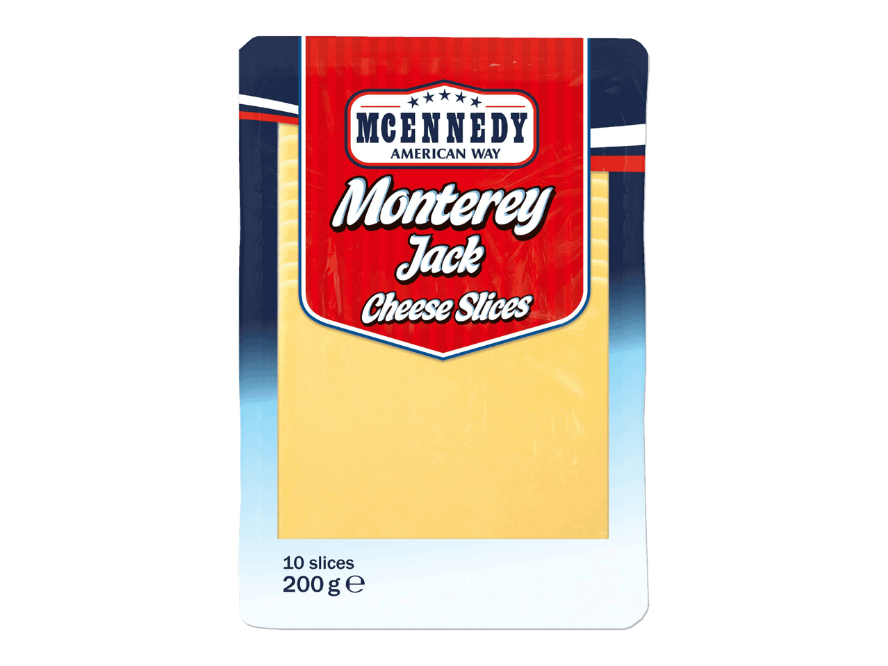 Pakkaus Monterey Jack -juustoviipaleita, 10 viipaletta, 200 g.