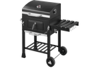 Grillmeister Charcoal Barbecue with side shelf, bottle opener, and wheels.