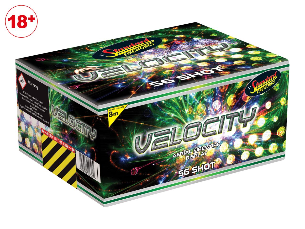 A 56-shot aerial firework display box with a safety distance of 8 meters.