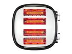 Top view of a four-slice toaster with glowing red heating elements and toast inside.