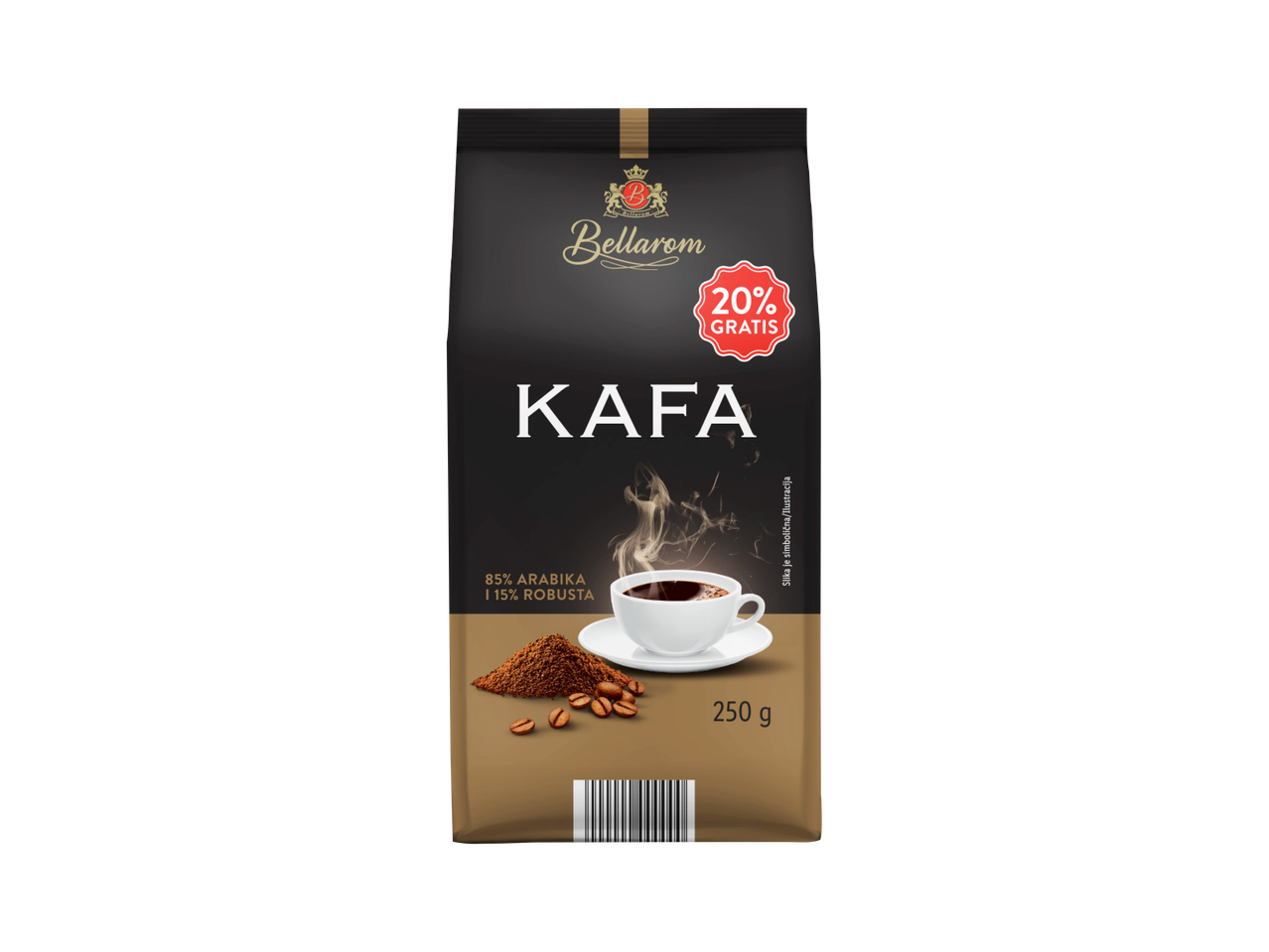 Pakovanje kafe sa natpisom „Kafa“, 85% Arabika i 15% Robusta, 250 g, sa 20% gratis.