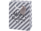 Crelando® dovanų maišelis su pilkai baltomis juostelėmis ir užrašu „Merry Christmas“.