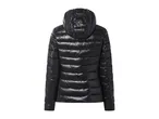 Black shiny puffer jacket with a hood, seen from the back.