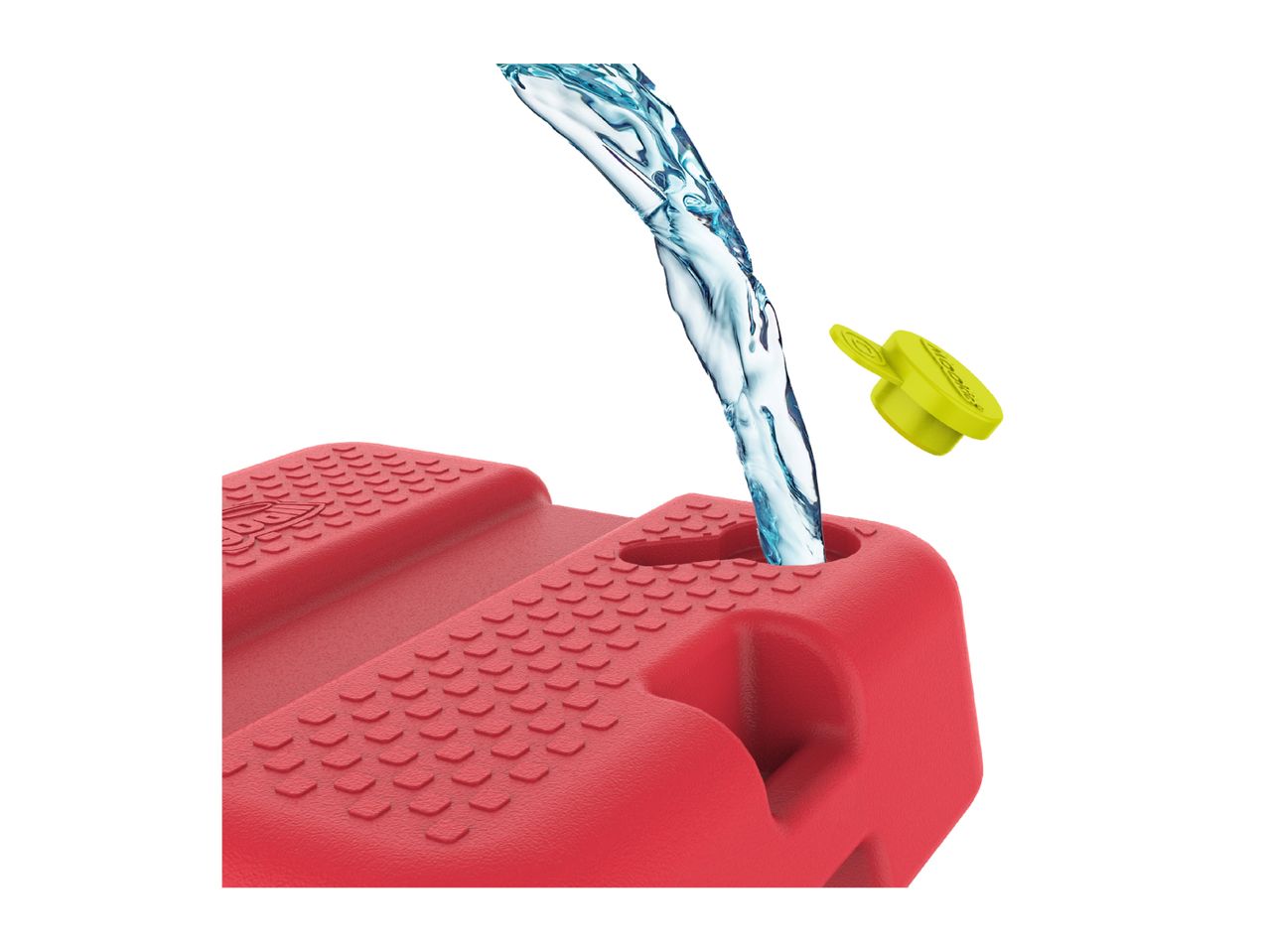 Water being poured into a red water container with a green cap floating nearby.