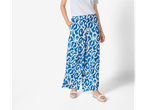 Μακριά, φαρδιά παντελόνια με αφηρημένο μπλε σχέδιο.
