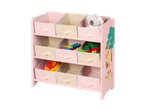 Prateleira rosa LIVARNO com 9 caixas de arrumação de brinquedos em tecido e decoração de animais.